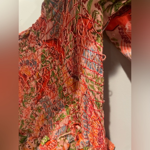 FARM RIO ANTHROPOLOGIE PINK MACAW FLIGHT SMOCKED MIDI DRESS - Picture 8 of 13